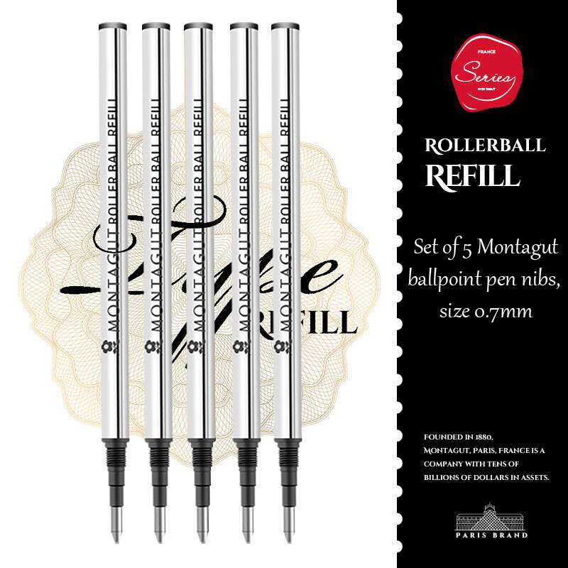 Montagut Set of 5 Premium Ballpoint Pen Refills - Black Ink, 0.7mm Tip
