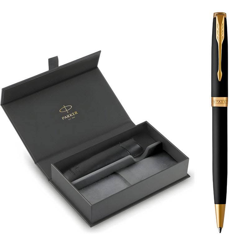 Parker Sonnet Matte Black GT TB-1950876 Signature Pen Gift Set with Leather Case