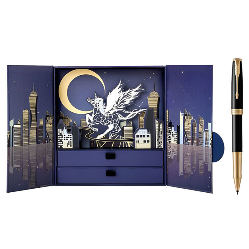 Parker PK529 Black Rollerball Pen Gift Set with Leather Pen Case and Extra Refill